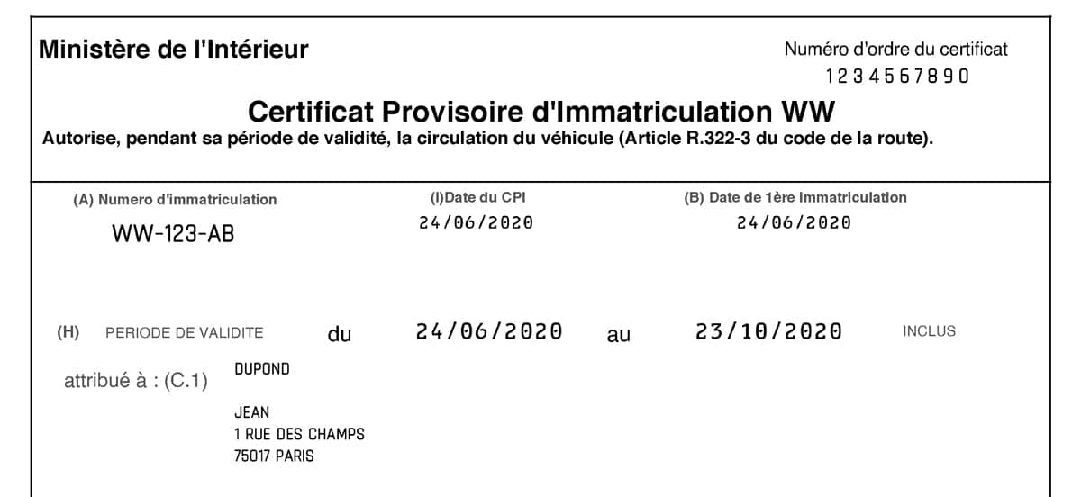 Certificat provisoire d'immatriculation